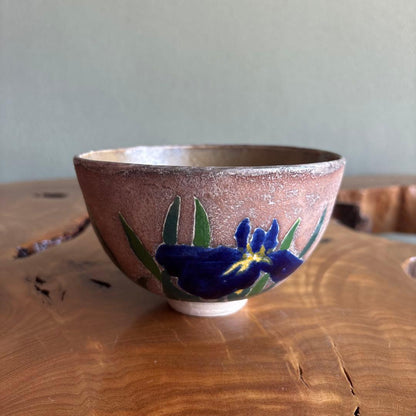 Silver Iris Chawan — Iron-Clay Matcha Bowl, Signed Box