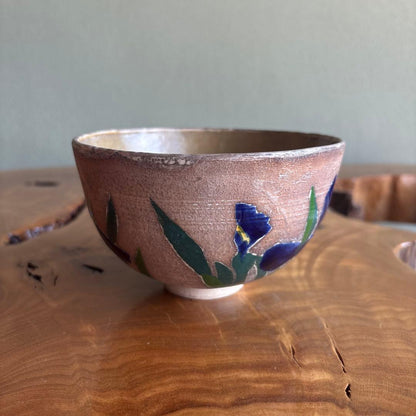 Silver Iris Chawan — Iron-Clay Matcha Bowl, Signed Box