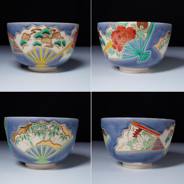 Nakamura Suiran Kōchi Fan Panel Tea Bowl — Polychrome Overglaze Enamel