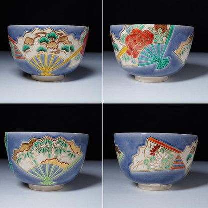 Nakamura Suiran Kōchi Fan Panel Tea Bowl — Polychrome Overglaze Enamel