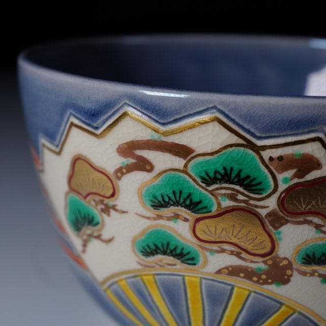Nakamura Suiran Kōchi Fan Panel Tea Bowl — Polychrome Overglaze Enamel