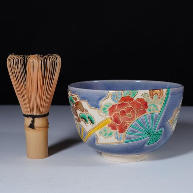 Nakamura Suiran Kōchi Fan Panel Tea Bowl — Polychrome Overglaze Enamel
