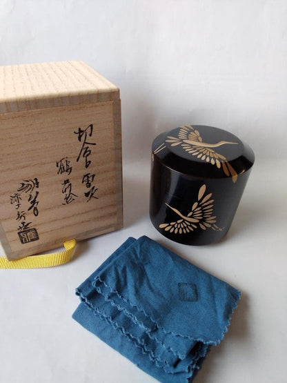 Maehata Gaho Crane Maki-e Yukifuki Tea Caddy — Traditional Craftsman, New, Signed Box & Cloth