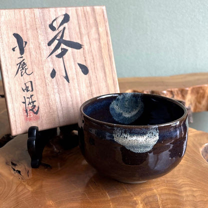 Onta-Yaki Tea Bowl | Dark Glaze with White-Blue Spots | Mingei Folk Craft Chawan with Signed Box