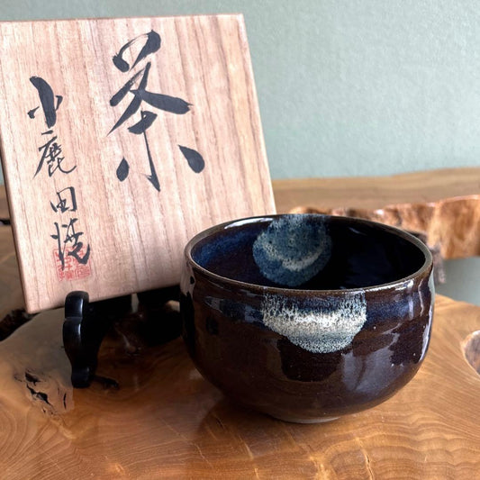 Onta-Yaki Tea Bowl | Dark Glaze with White-Blue Spots | Mingei Folk Craft Chawan with Signed Box