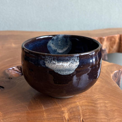 Onta-Yaki Tea Bowl | Dark Glaze with White-Blue Spots | Mingei Folk Craft Chawan with Signed Box