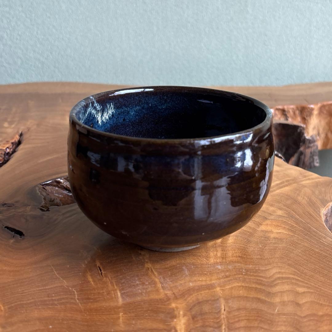 Onta-Yaki Tea Bowl | Dark Glaze with White-Blue Spots | Mingei Folk Craft Chawan with Signed Box