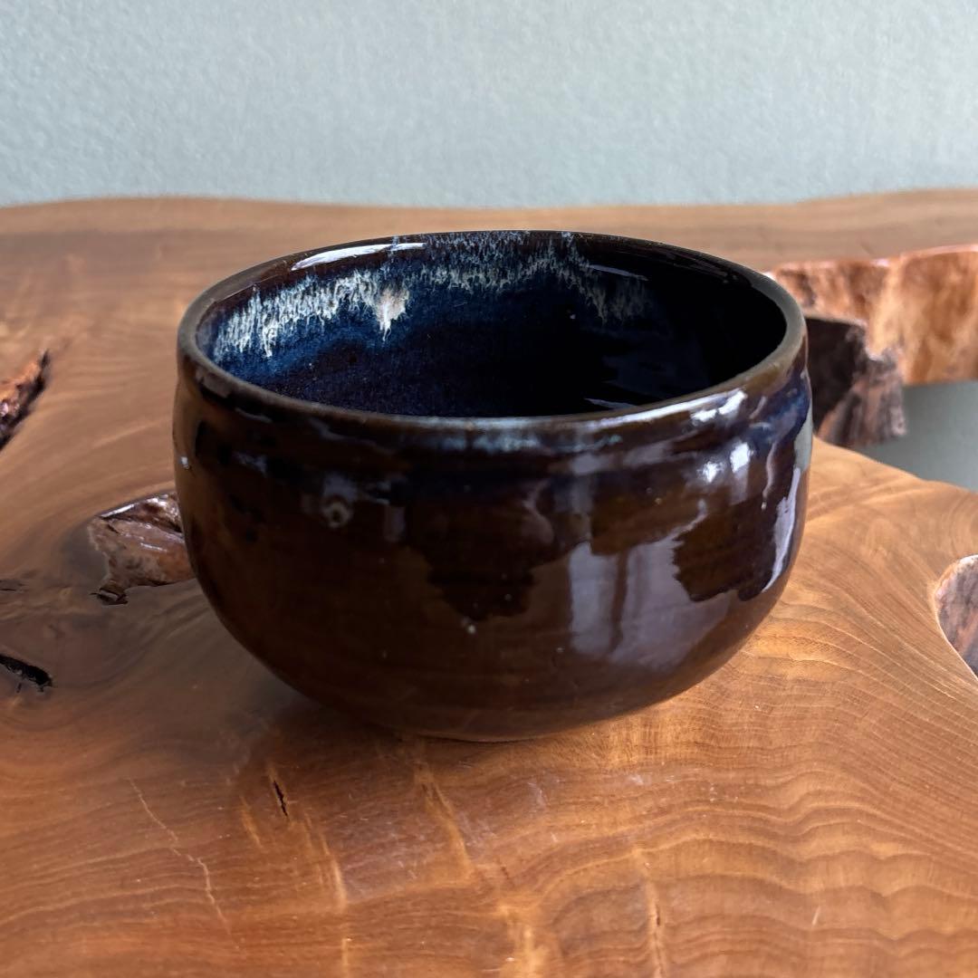 Onta-Yaki Tea Bowl | Dark Glaze with White-Blue Spots | Mingei Folk Craft Chawan with Signed Box