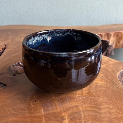Onta-Yaki Tea Bowl | Dark Glaze with White-Blue Spots | Mingei Folk Craft Chawan with Signed Box