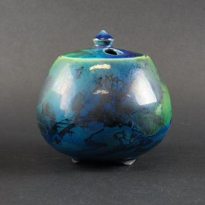 Kyo-Sansai Incense Burner by Kato Takehiro - Kiyomizu Ware Four Guardians Landscape Koro