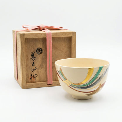 Eiraku Zengorō Noshi Ribbon Tea Bowl Kyo-yaki Kinrande Gold Iro-e Chawan