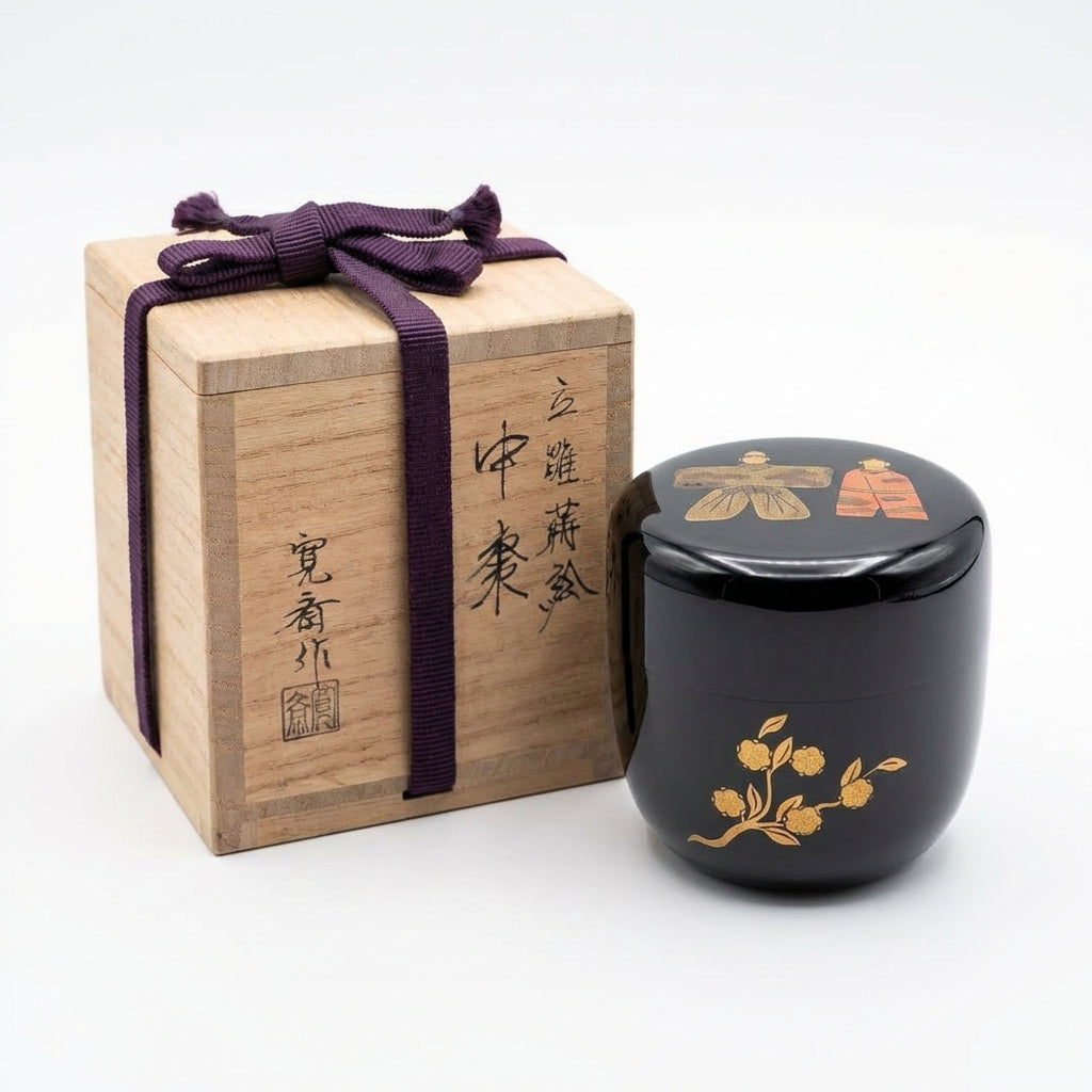 Chū-Natsume Tachi-bina Maki-e Tea Caddy – Standing Hina Dolls – Izutsu Kansai – Plum Blossom – Japan