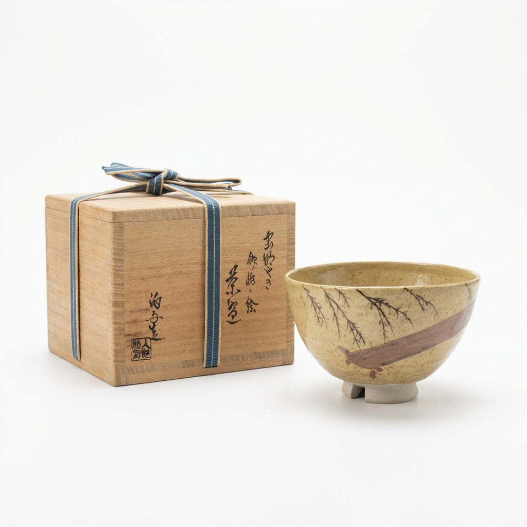 Mushiake Ware Willow Design Tea Bowl by Irie Hakushu - E-Karatsu Style Chawan with Box