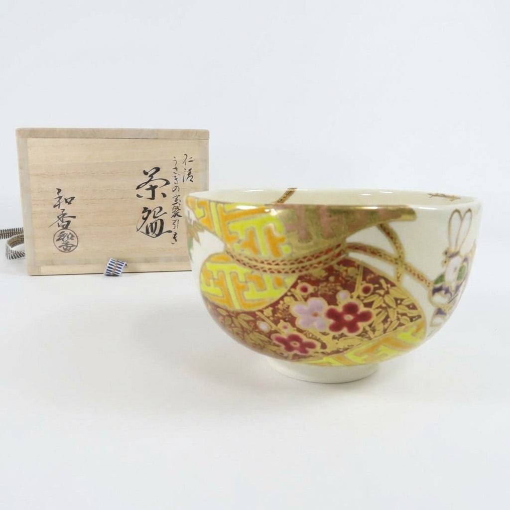 Kyo-ware Rabbit Treasure Bag Tea Bowl by Waka - Auspicious Usagi Chawan with Gold Overglaze