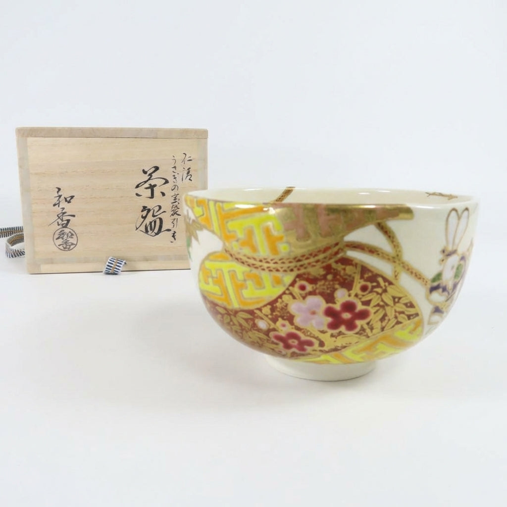 Kyo-ware Rabbit Treasure Bag Tea Bowl by Waka - Auspicious Usagi Chawan with Gold Overglaze