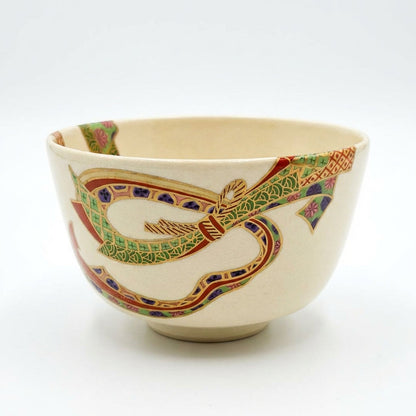 Nishio Zuiho Kinran-iro-e Noshi Design Tea Bowl — Kyo-yaki Chawan