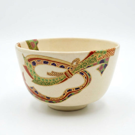 Nishio Zuiho Kinran-iro-e Noshi Design Tea Bowl — Kyo-yaki Chawan