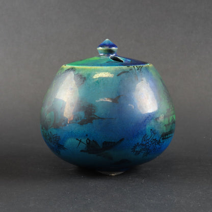 Kyo-Sansai Incense Burner by Kato Takehiro - Kiyomizu Ware Four Guardians Landscape Koro